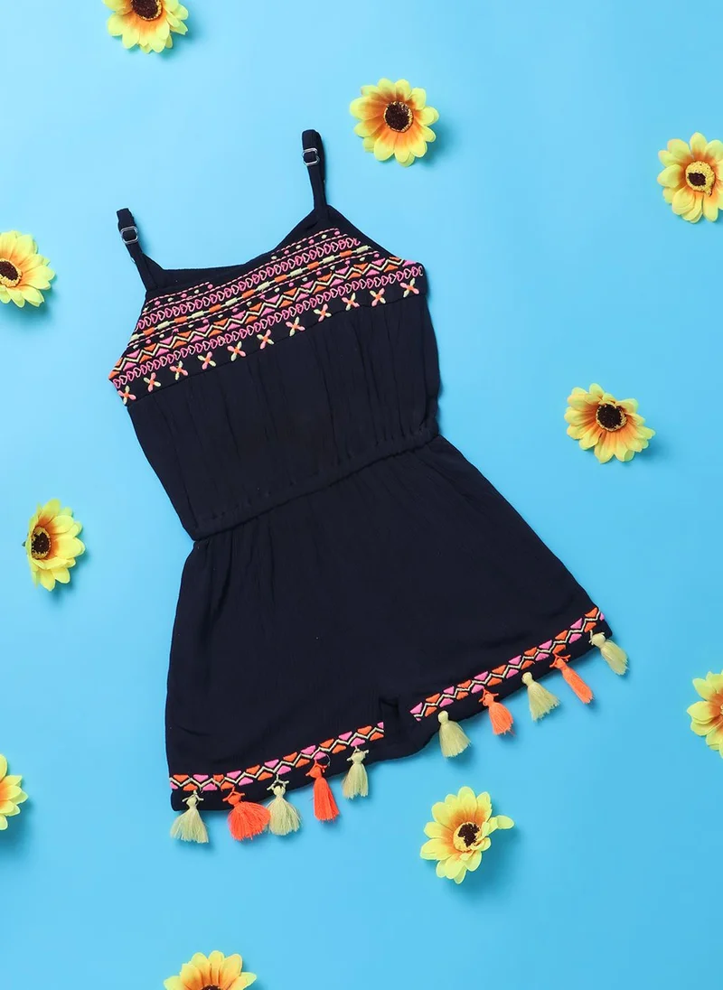 Girls' Heart, Floral & Geometric Embroidered Waist Tie-up Jumpsuit with Tassels